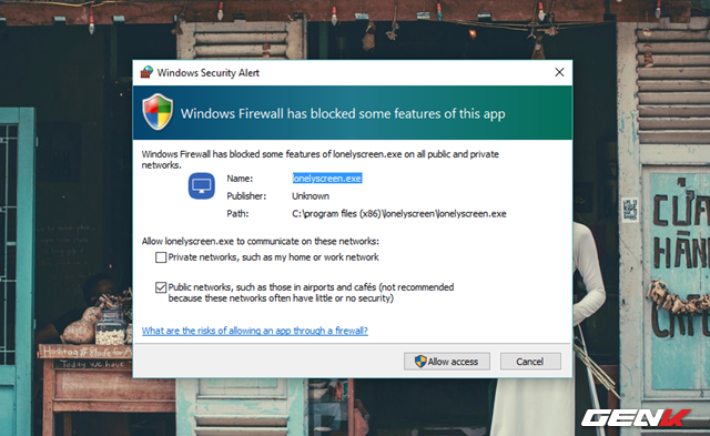  Khi đã hoàn thành việc cài đặt, LonelyScreen sẽ tự khởi động và khi đó, Windows Firewall sẽ hiển thị yêu cầu bạn cấp phép truy cập cho phần mềm này. Hãy nhấn “Allow access” để xác nhận cho phép. 