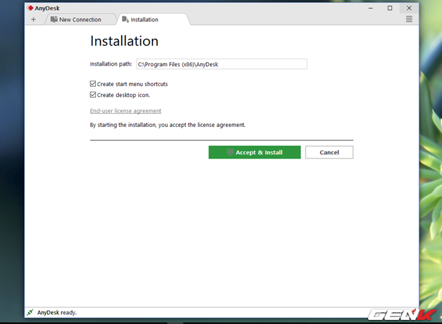  Khi đó, tab Installation sẽ được mở ra. Bạn hãy nhấp vào “Accept & install” để xác nhận cài đặt AnyDesk vào máy tính. 