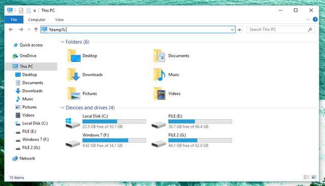  Khởi động File Explorer và nhập từ khóa “%temp%” lên thanh địa chỉ. 