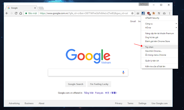  Sau khi đã hoàn tất việc cài đặt, bạn hãy khởi động lại trình duyệt Google Chrome. Khi đã khởi động lại xong, bạn hãy nhấn phải chuột vào biểu tượng tiện ích J2TeaM Security và chọn “Tùy chọn”. 