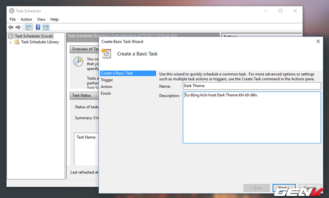  Cửa sổ khởi tạo sẽ xuất hiện. Hãy điền tên tác vụ mới vào ô Name là “Dark Theme”, kèm theo đó là vài dòng thông tin ở phần Description nhầm tránh việc bạn vô tình xóa mất nếu chẳng may… quên đi. Sau đó hãy nhấn “Next”. 