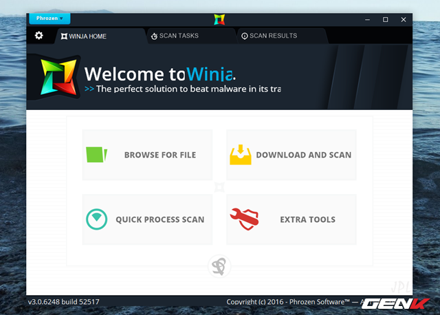 Giao diện của Winja khá đẹp. Ở tab Winja Home, bạn sẽ có 4 lựa chọn tính năng để sử dụng. Để tiến hành kiểm tra tính an toàn của tập tin vừa tải về, hãy nhấp vào lựa chọn “Browse for file”. 
