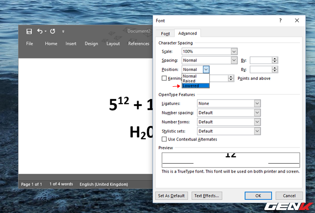  Tìm đến dòng thiết lập “Position” ở phần “Character Spacing” và chọn “Lowered”. 