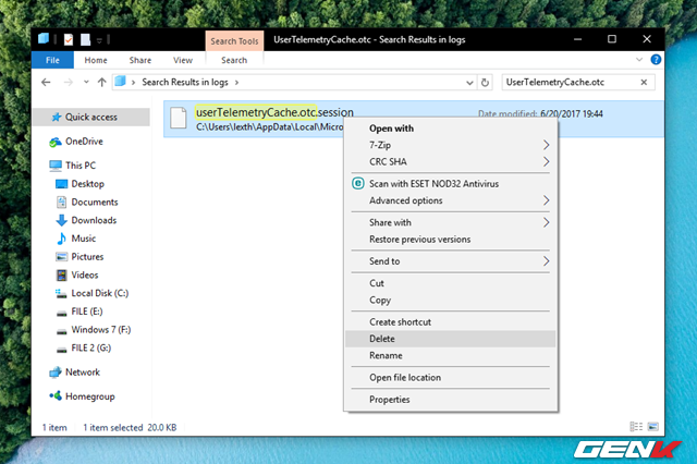  Giờ hãy trở lại File Explorer, nhập từ khóa “UserTelemetryCache.otc” vào ô tìm kiếm. Khi kết quả hiện ra, hãy tiến hành xóa tập tin này đi. 