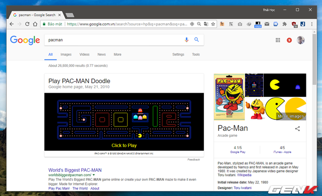  Trang kết quả sẽ hiện ra, kèm theo đó là một ô có nội dung là Play PAC-MAN Doodle. Lúc này, bạn chỉ việc nhấp vào “Click to Play” để mở trò chơi. 