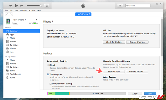  Kết nối thiết bị với máy tính và khởi chạy iTunes. Trong giao diện chính của iTunes, bạn hãy nhấp vào tùy chọn “Backup now”. 