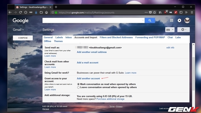  Bước 4: Tại tab thiết lập Account and Import, hãy tìm đến nhóm thiết lập “Grant access to your account” và nhấp vào tùy chọn “Add another account”. 