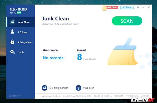  Giao diện chính của Clean Master trên Windows 10 khá đơn giản, với 4 tab chức năng chính bao gồm Junk Clean với các lựa chọn quét và dọn dẹp tự động, cũng như thông tin về phần cứng. 