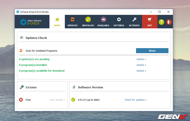  Bây giờ giao diện của Ucheck sẽ xuất hiện trước mắt bạn. Nhìn chung giao diện người dùng của Ucheck khá đơn giản và dễ nắm bắt. Để bắt đầu, bạn hãy nhấn vào “Start” để cho phép phần mềm tiến hành quét các dữ liệu phần mềm trên máy tính và tiến hành kiểm tra cập nhật cho chúng. 