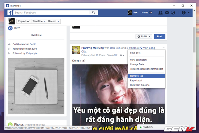  Di chuyển đến bài viết hình ảnh mình “bị” Tag và nhấn vào mũi tên mở rộng phía trên bên phải bài viết, sau đó hãy nhấp vào lựa chọn Remove Tag. 