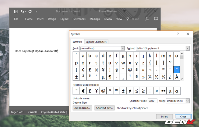  Lúc này bạn chỉ cần nhấn vào “Insert” để tiến hành chèn biểu tượng độ C đã được chọn sẳn vào văn bản. 