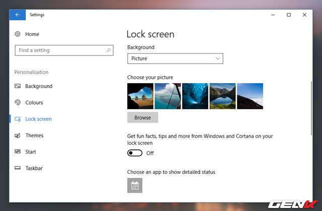  Tiếp theo, hãy thay đổi lựa chọn trong Background thành Picture hoặc Slideshow. Khi đó, bạn sẽ thấy bên dưới xuất hiện lựa chọn Get fun facts, tips, and more from Windows and Cortana on your lock screen, hãy gạt sang OFF để vô hiệu hóa lựa chọn này là xong. 