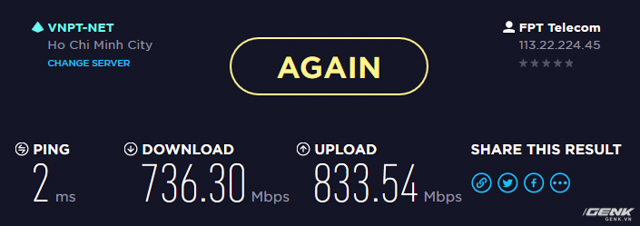  Thử sang server VNPT Hồ Chí Minh, tốc độ đường truyền vẫn rất ổn. 
