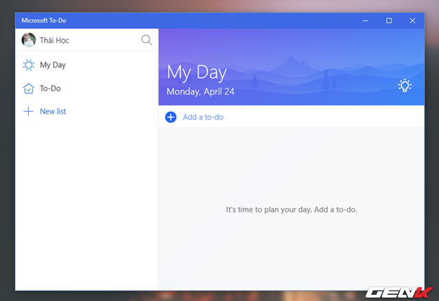  Giao diện sử dụng của Microsoft To-Do khá đơn giản, bạn sẽ được cung cấp sẵn hai mục mặc định là My Day (công việc trong ngày) và To-Do (tất cả công việc hiện có trên ứng dụng). Điều này có thể giúp cho người dùng dễ dàng quản lý danh sách các việc cần làm theo ngày khá thuận tiện. 