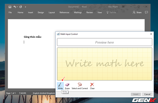  Hộp thoại Ink Equation hiện ra, hãy nhấp vào “Write” như hình. 
