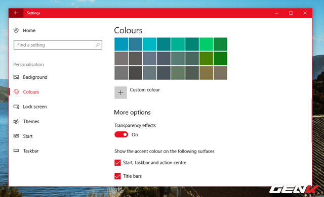  Tiếp theo, hãy cuộn xuống và đánh dấu vào các lựa chọn “Start, taskbar and action center” và “Title bars” để áp dụng màu sắc vào chúng. 