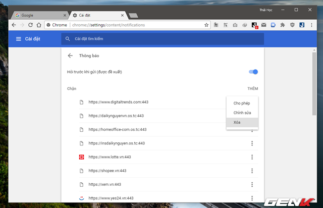  Tiến hành gạt sang “On” ở lựa chọn “Hỏi trước khi gửi” để tranh tình trạng các trang web được cho phép gửi thông báo mà không có sự đồng ý từ bạn. Bên dưới là danh sách các website bị chặn thông báo, bạn có thể thiết lập cho phép hoặc xóa chúng thông qua việc nhấp vào biểu tượng 3 gạch và chọn lệnh tương ứng. 