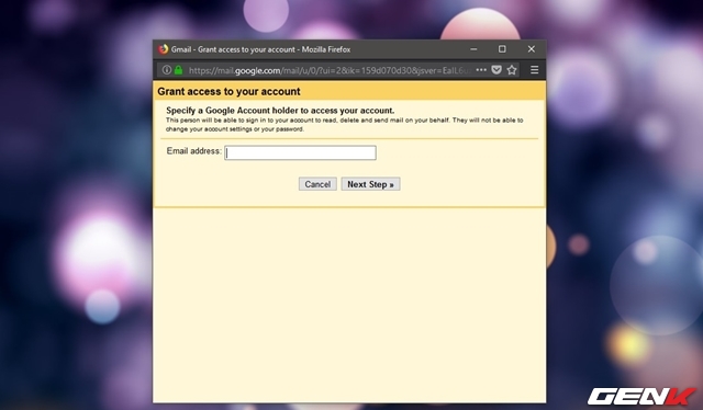  Bước 5: Lúc này, cửa sổ thêm tài khoản sẽ xuất hiện, bạn hãy nhập địa chỉ email của người dùng mà mình muốn ủy quyền vào đó và nhấn “Next Step”. 