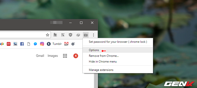  Để thay đổi mật khẩu, hãy nhấp phải chuột vào biểu tượng tiện ích ở thanh trình duyệt và chọn Options. 