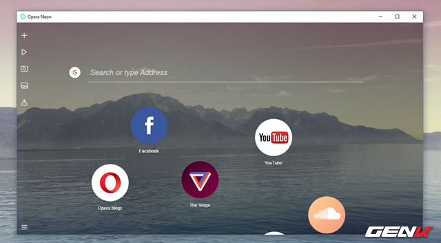  Có thể nói giao diện của Opera Neon khá đẹp và hiện đại. Phần nền của trình duyệt sử dụng chính ảnh nền của máy tính, tạo nên ảo giác là phần nền của trình duyệt hoàn toàn trong suốt. Thêm vào đó các biểu tượng trang web gợi ý được hiển thị theo dạng hình tròn và có thể di chuyển hay xóa dễ dàng, trông rất lạ mắt. Bên trái là các biểu tượng tiện ích mở rộng. 