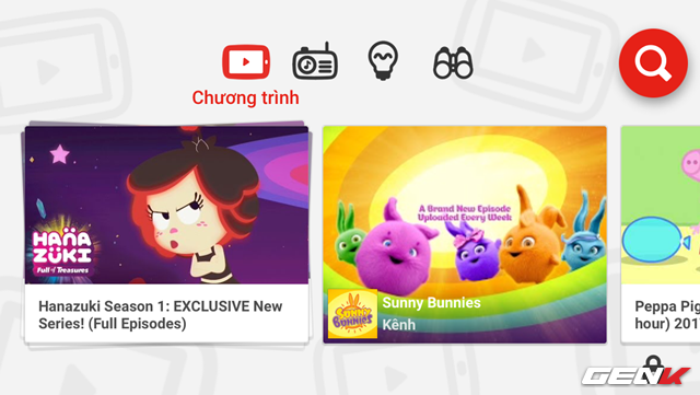  Sau khi hoàn tất các bước cấu hình đầu tiên, giao diện chính của Youtube Kids sẽ xuất hiện. Ở đây bạn sẽ được cung cấp 4 tab chủ đề về nội dung, bao gồm tab Chương trình. 