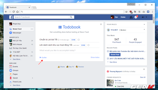  Khi đã lên lịch xong các việc cần ghi nhớ, bạn hãy nhấp vào lựa chọn “Quitter” để quay về giao diện New Feed của Facebook. 