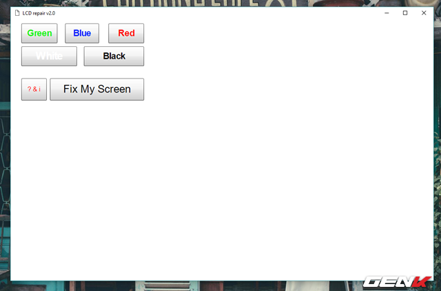  Tương tự như JscreenFix, LCD repair có phần đơn giản hơn. Người dùng chỉ việc truy cập vào địa chỉ website của LCD repair, sau đó nhấp lần lượt vào các ô màu để kiểm tra điểm chết trên màn hình. Khi phát hiện được điểm chết, bạn hãy nhấn “Fix My Screen” để bắt đầu việc khắc phục là xong. 