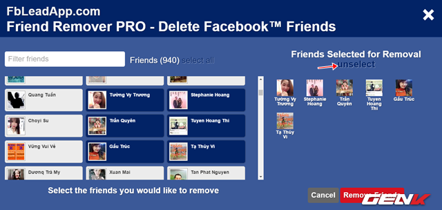  Nếu có “suy nghĩ lại”, bạn hãy nhấn vào lựa chọn “unselect” để bỏ chọn những người vừa lọc. 