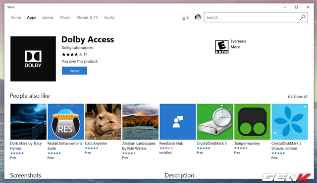 
Trường hợp nếu bạn chọn “Dolby Atmos for Headphone” để sử dụng cho mục đích tận hưởng chất lượng âm thanh loa ngoài, lập tức Windows Store sẽ được mở ra và truy cập đến mục cài đặt ứng dụng Dolby Access. Hãy cài đặt nó.
