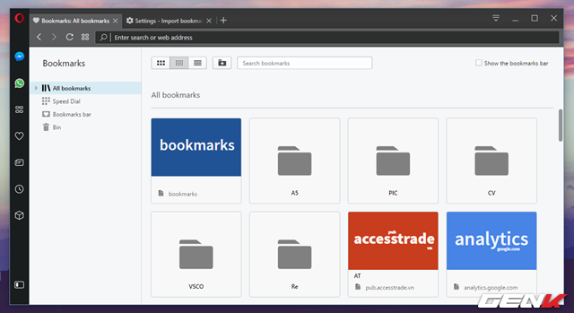  Trình quản lý Bookmarks của Opera 45, rất tiện dụng và dễ quản lý. 