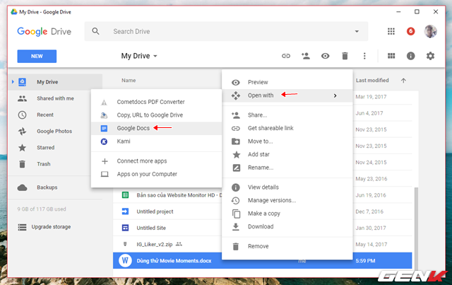  Lúc này, hãy nhấn phải chuột vào tập tin tài liệu bạn vừa tải lên và nhấn chọn Open With > Google Docs. 
