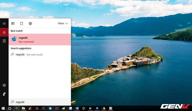  Nhập từ khóa “regedit” vào Cortana và nhấp vào kết quả như hình. 