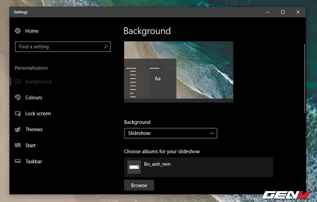  Nhấp vào ô Background và lựa chọn “Slideshow”. Tiếp theo, hãy nhấp vào “Browse” ở dòng Choose album for your slideshow và điều hướng đến thư mục hình nền mà bạn đã chuẩn bị ở trên. 