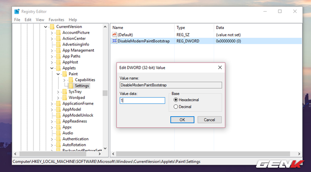  Đặt tên cho DWORD mới này là “DisableModernPaintBootstrap” và thiết lập giá trị cho nó là “1”. 