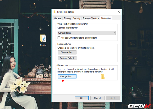  Nhấp phải chuột vào thư mục cần thay đổi và chọn “Properties”. Khi hộp thoại Properties xuất hiện, hãy nhấp vào tab “Customize” và nhấn vào “Change Icon”. 