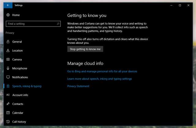  Tiếp theo bạn hãy nhấn vào mục Speech, Inking and Typing và nhấp vào lựa chọn Stop getting to know me và Turn Off. Về cơ bản thì việc thu thập thông tin người dùng của Microsoft trên Windows 10 Anniversary sẽ được vô hiệu hóa. 