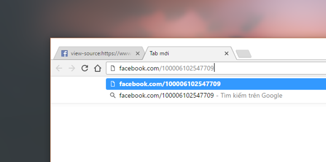  Mở một tab trình duyệt khác và nhập vào địa chỉ “facebook.com/” sau đó dán mã Facebook ID mà bạn vừa sao chép ở trên vào phía sau của “/”. Ví dụ như trong hình là “100006102547709” thì ta sẽ có địa chỉ là “facebook.com/ 100006102547709”. Khi đã hoàn tất, bạn chỉ việc nhấn phím “ENTER”. 