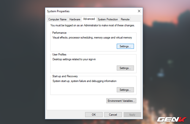  Hộp thoại Advanced System Settings xuất hiện, hãy nhấp vào vào tab “Advanced” và nhấp tiếp vào lựa chọn “Settings” ở nhóm thiết lập Performance. 