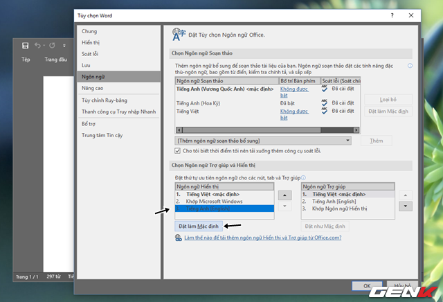  Lúc này, bạn hãy khởi động bất kỳ ứng dụng Office nào đó lên và truy cập vào phần Tùy chọn > Ngôn ngữ. Nhấp vào lựa chọn ngôn ngữ mình cần ở phần “Ngôn ngữ Hiển thị” và nhấp tiếp vào “Đặt làm Mặc định”. 