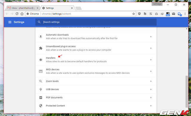  Tab thiết lập của Chrome xuất hiện, bạn hãy tìm đến dòng “Handlers” và nhấp vào nó. 