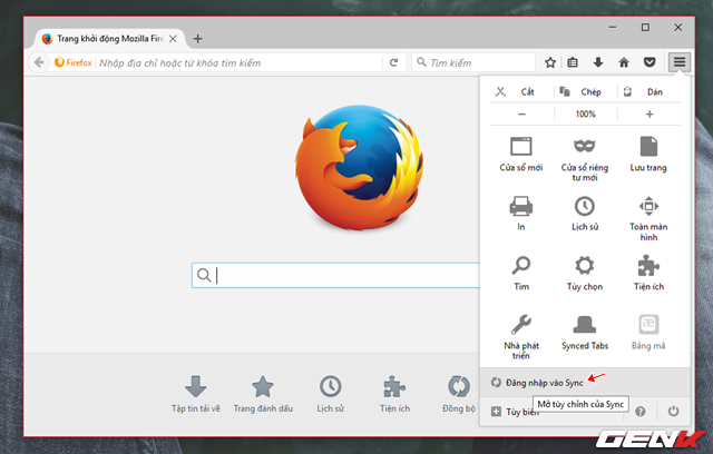  Nhấp vào lựa chọn truy cập trang Settings của Firefox và nhấp vào “Đăng nhập vào Sync”. 