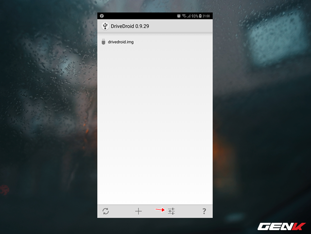  Lúc này, bạn hãy kết nối thiết bị với máy tính và nhấp vào biểu tượng thiết lập trong giao diện Drivedroid. 