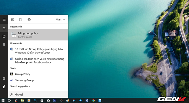 
Khởi động Group Policy thông qua từ khóa “Group” trong Cortana.
