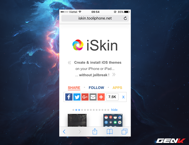  Dùng ứng dụng duyệt web của iPhone và truy cập vào địa chỉ “iskin.tooliphone.net”. 