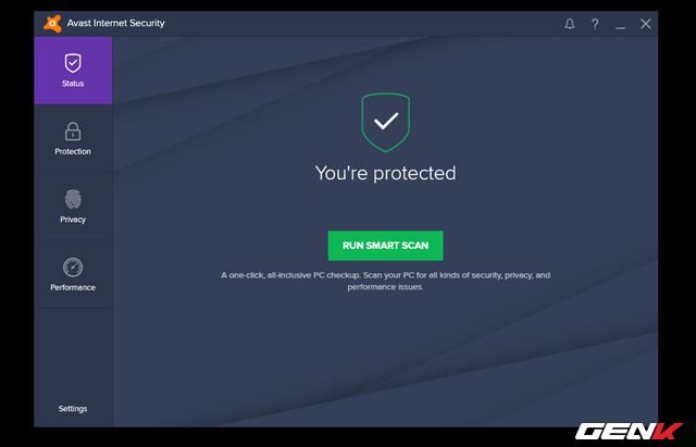  Nhìn chung giao diện của Avast Internet Security 2017 khá đơn giản và đẹp mắt. Có vẻ như những năm trở lại đây các hãng antivirus điều khá ưa chuộng nền đen trên các sản phẩm của mình thì phải? Để bắt đầu, bạn hãy nhấp vào nút “RUN SMART SCAN” để cho phép Avast Internet Security 2017 được tiến hành việc quét và kiểm tra toàn bộ hệ thống. 