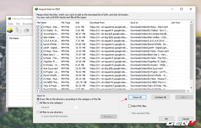  Điều hướng đến tập tin TXT mà chúng ta đã lưu lại ở trên. Sau đó chờ vài giây để Internet Download Manager tiến hành lấy thông tin của các liên kết tải trong tập tin vừa được bạn thêm vào. Khi đã hoàn tất, hãy nhấp vào “Check all”. 