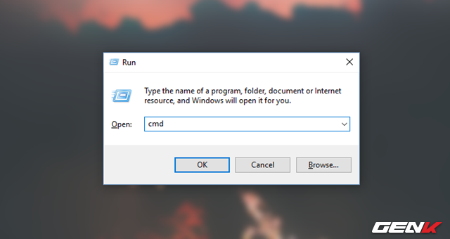  Nhấn tổ hợp phím WIN R để gọi hộp thoại RUN, sau đó nhập vào đó lệnh “cmd” và nhấn phím ENTER để gọi cửa sổ Command Prompt. 