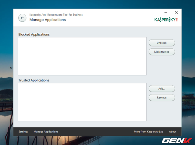  Phần Manage Applications sẽ cung cấp cho người dùng các lựa chọn cấp phép tin cậy hoặc mở khóa sử dụng các phần mềm ứng dụng mà Kaspersky Anti-Ransomware Tool for Business phát hiện có vấn đề trên hệ thống máy tính của bạn. 