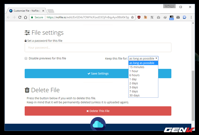  Trong đó, có thể thấy một chức năng khá hay khác mà Nofile.io cung cấp cho bạn, đó chính là tùy chọn tự động hủy tập tin trong thời gian nhất định (Keep this file for…). Bạn có thể điều chỉnh thời gian hủy tối đa là 30 ngày kể từ ngày bạn hoàn tất việc tải dữ liệu lên Nofile.io và chia sẻ. 