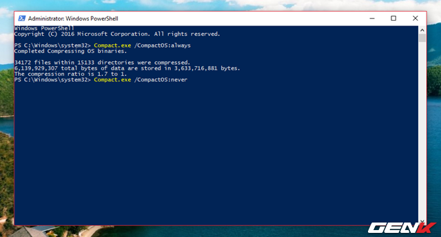  Để kết thúc, bạn hãy nhập tiếp vào lệnh “Compact.exe /CompactOS:never” rồi nhấn phím ENTER để thực thi lệnh. 